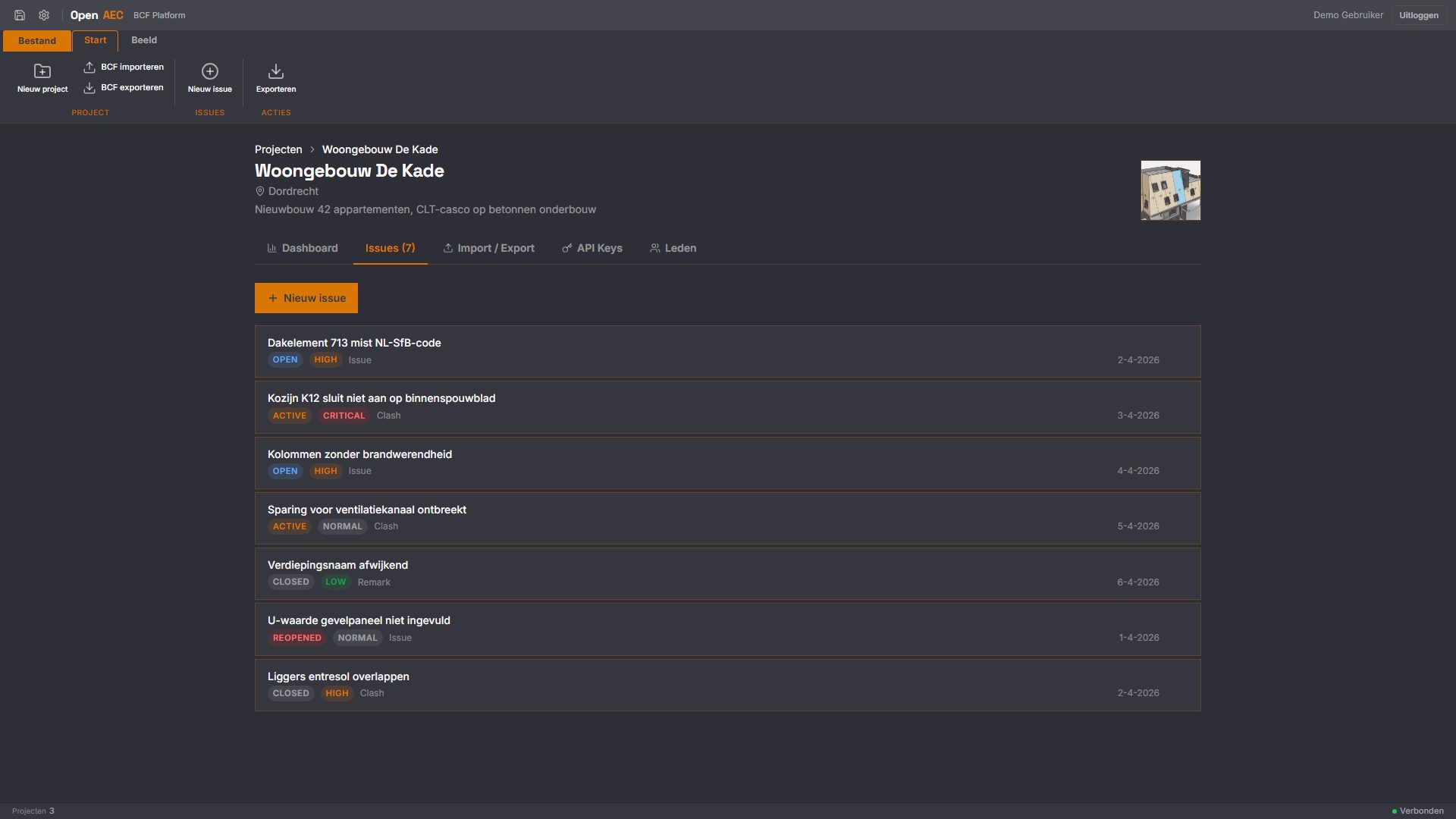BCF Manager Studio - Issuelijst met status en prioriteit