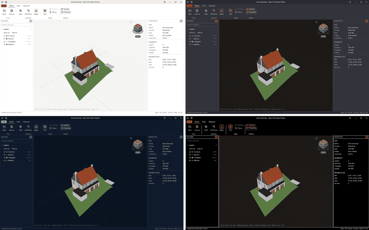 Hetzelfde woningmodel in vier van de vijf thema's: Licht, Donker, Blueprint en Hoog contrast donker