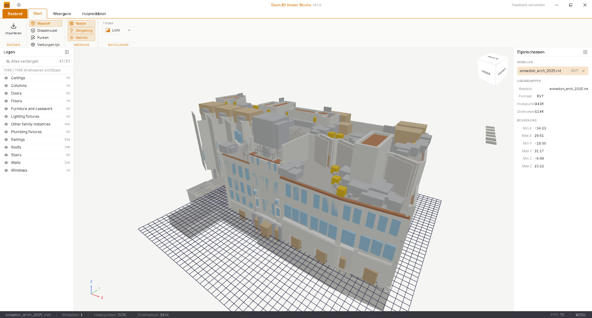 Open 3D Viewer Studio met een ingeladen RVT-model