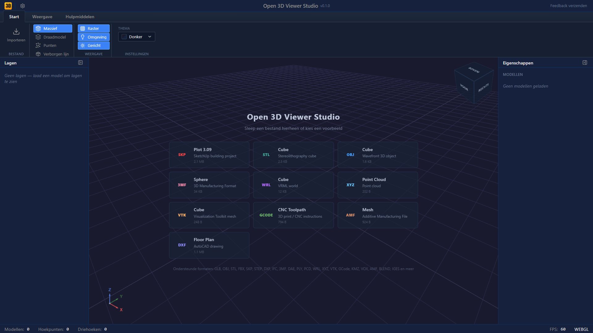 Open 3D Viewer - startscherm met voorbeeldbestanden