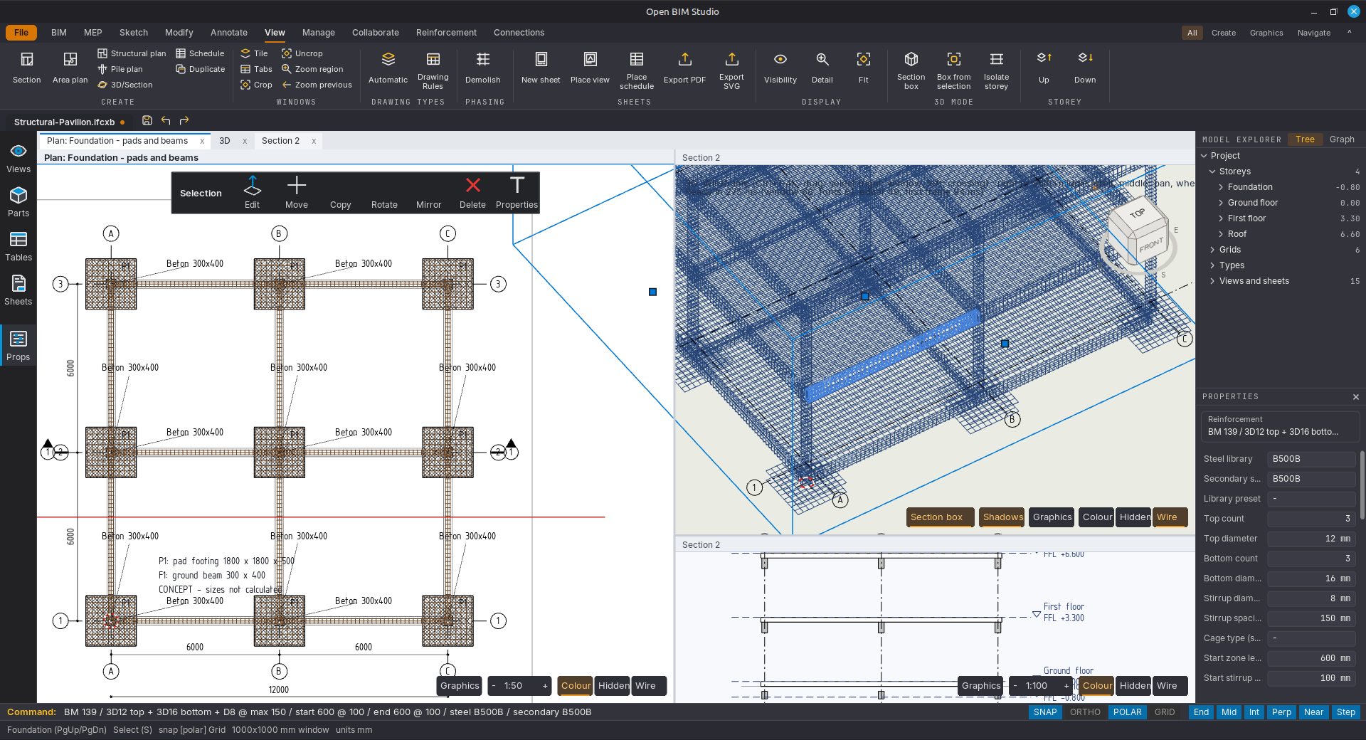 Open BIM Studio avec le plan de fondation d’un pavillon : semelles de 1800 sur 1800 mm et longrines de 300 sur 400 mm avec leur ferraillage, à côté du ferraillage en 3D, d’une coupe et des propriétés du ferraillage