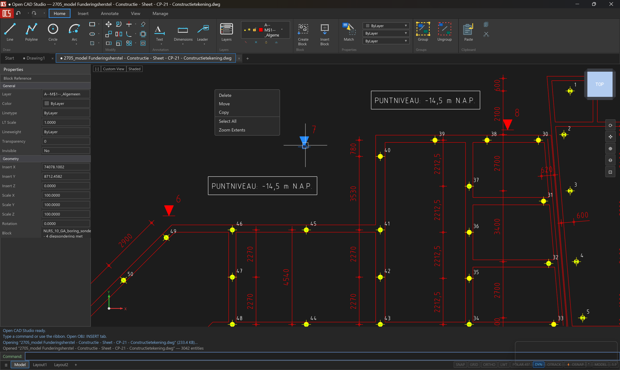 Open CAD Studio — 2D constructietekening funderingsherstel met NLRS-lagen, NAP-puntniveaus en eigenschappenpaneel