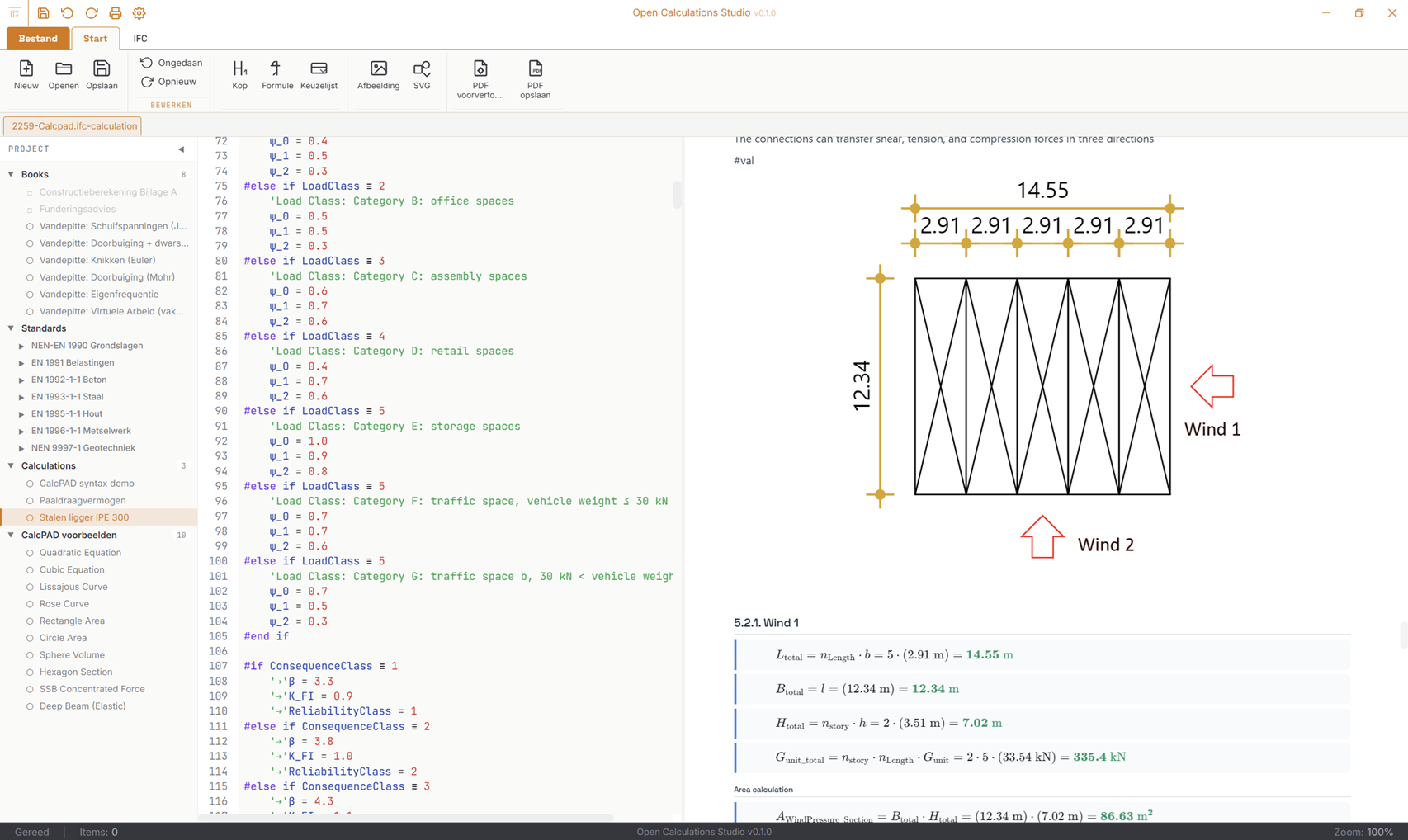 Open Calculations Studio - CalcPAD-syntax editor met live preview, wind-belasting berekening en SVG-tekening