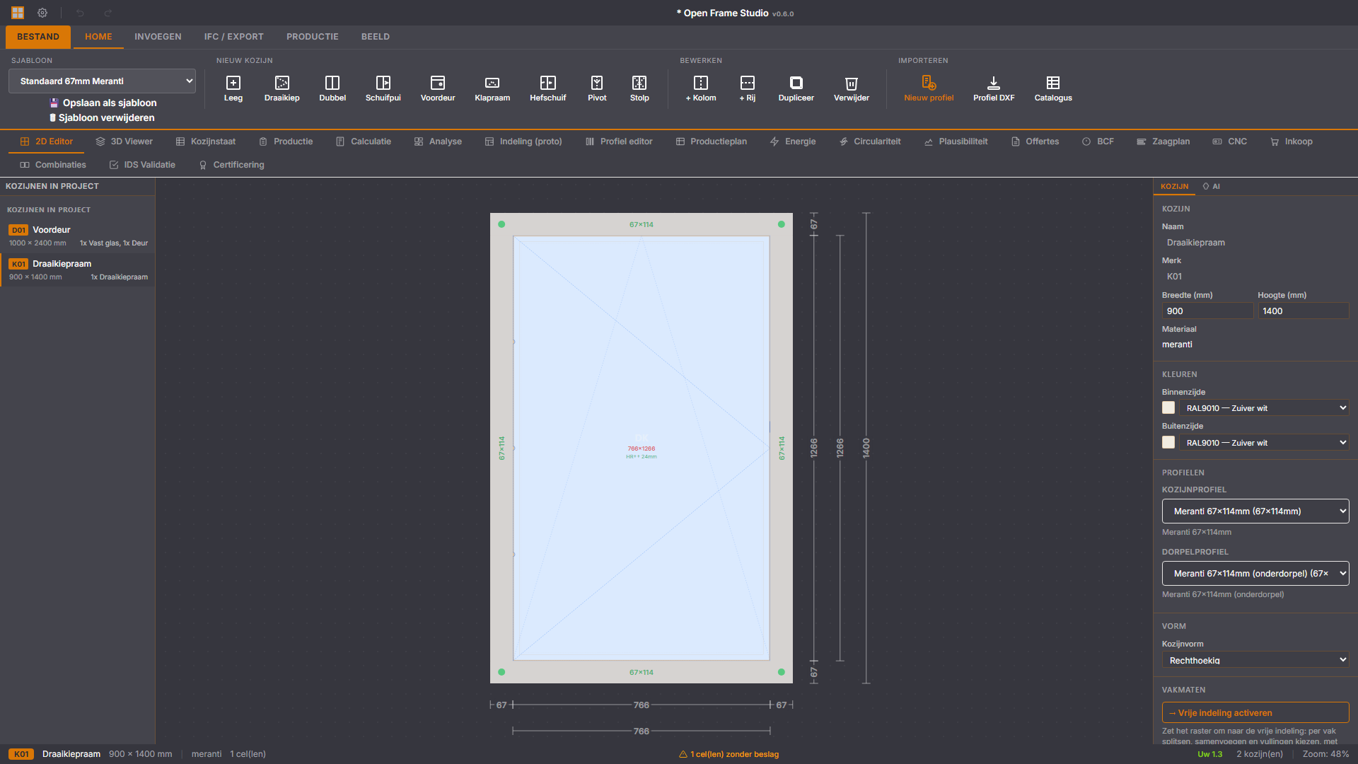 Open Frame Studio — Editor 2D de carpintería con las cotas de una ventana oscilobatiente de 900 × 1400 mm