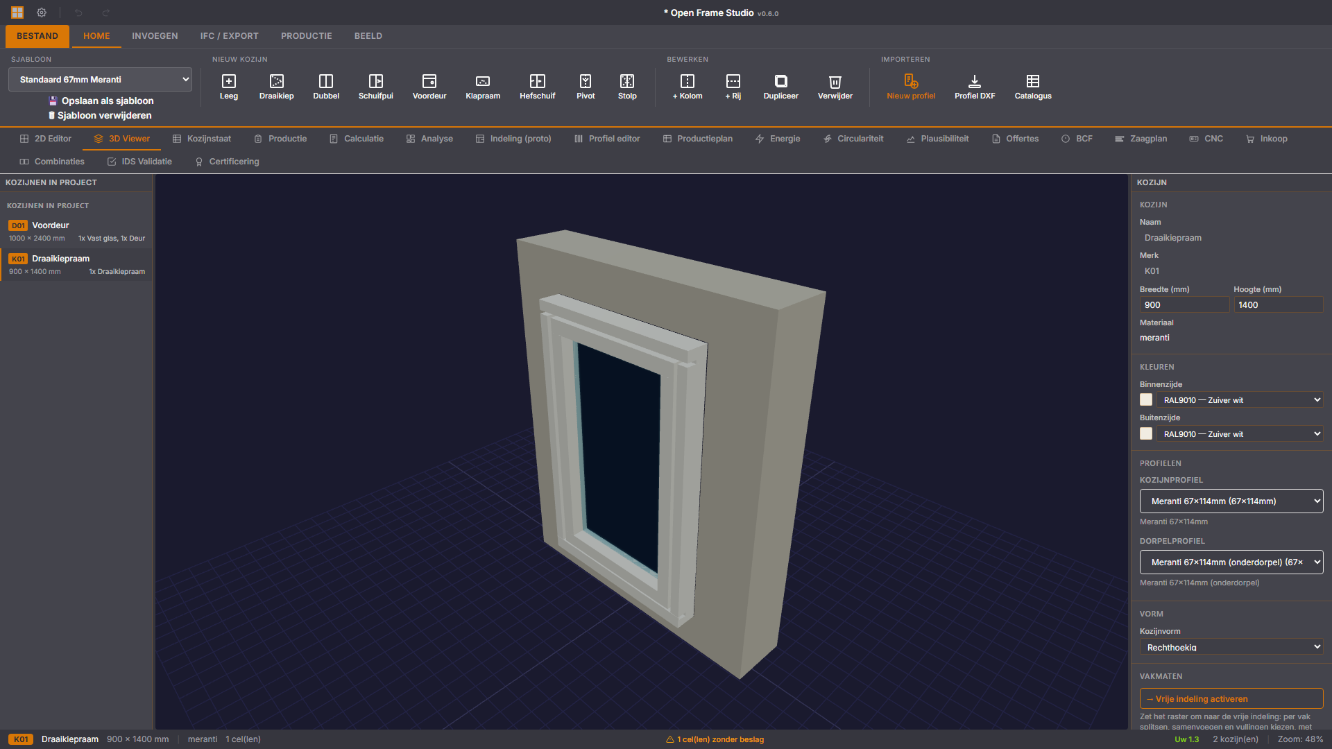 Open Frame Studio — Vista 3D de una ventana oscilobatiente de meranti, con las propiedades del marco a la derecha