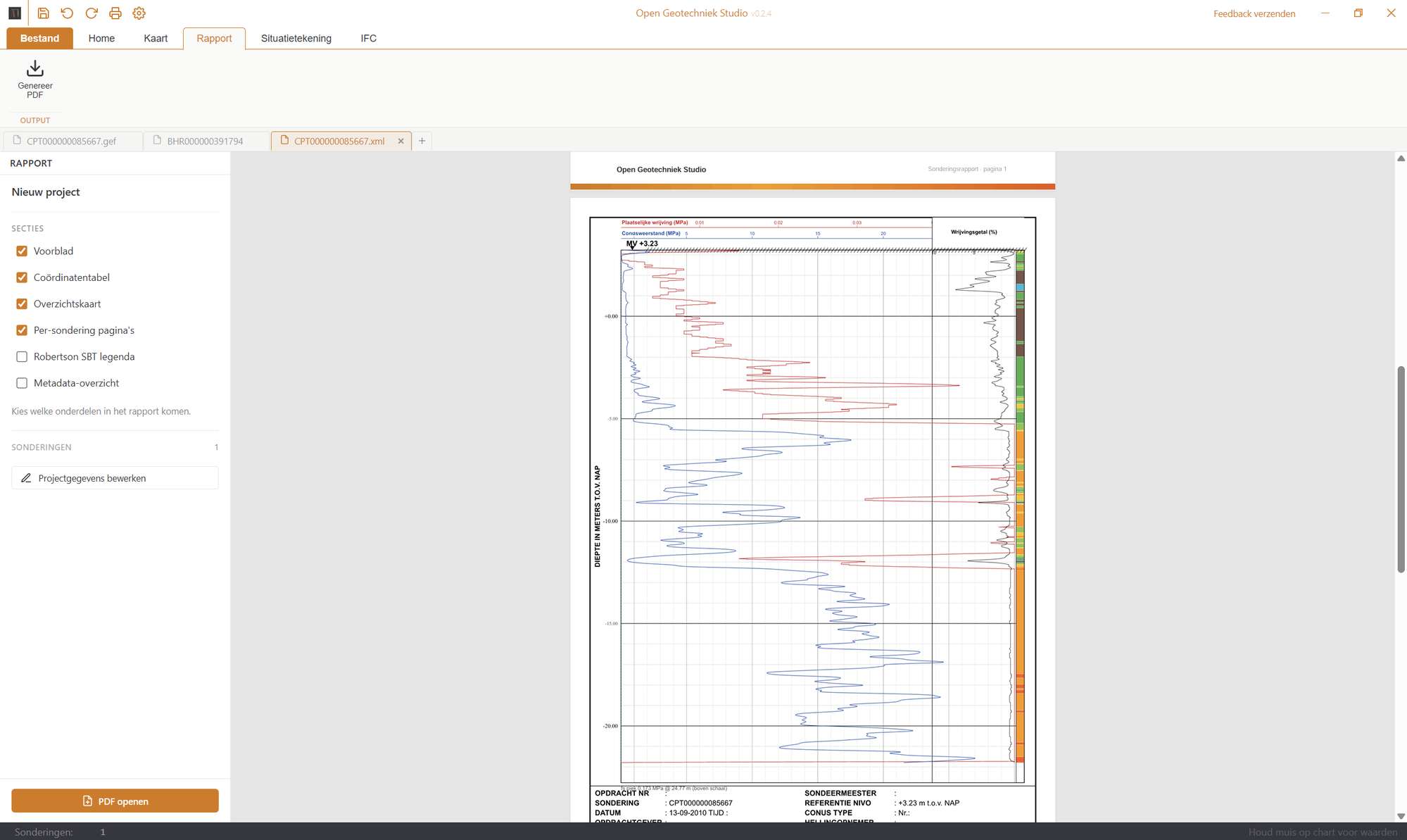 Open Geotechniek Studio - Rapport-tab met professioneel PDF sonderingsrapport