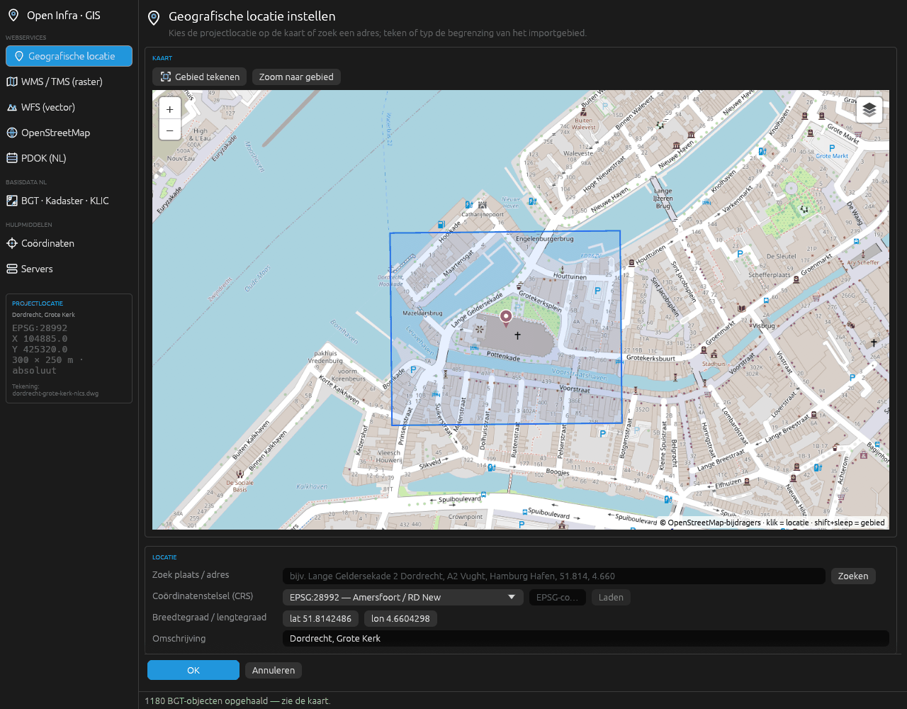 Het werkvenster Geografische locatie: projectlocatie en importgebied op de kaart, met adreszoeker en RD New als coördinatenstelsel