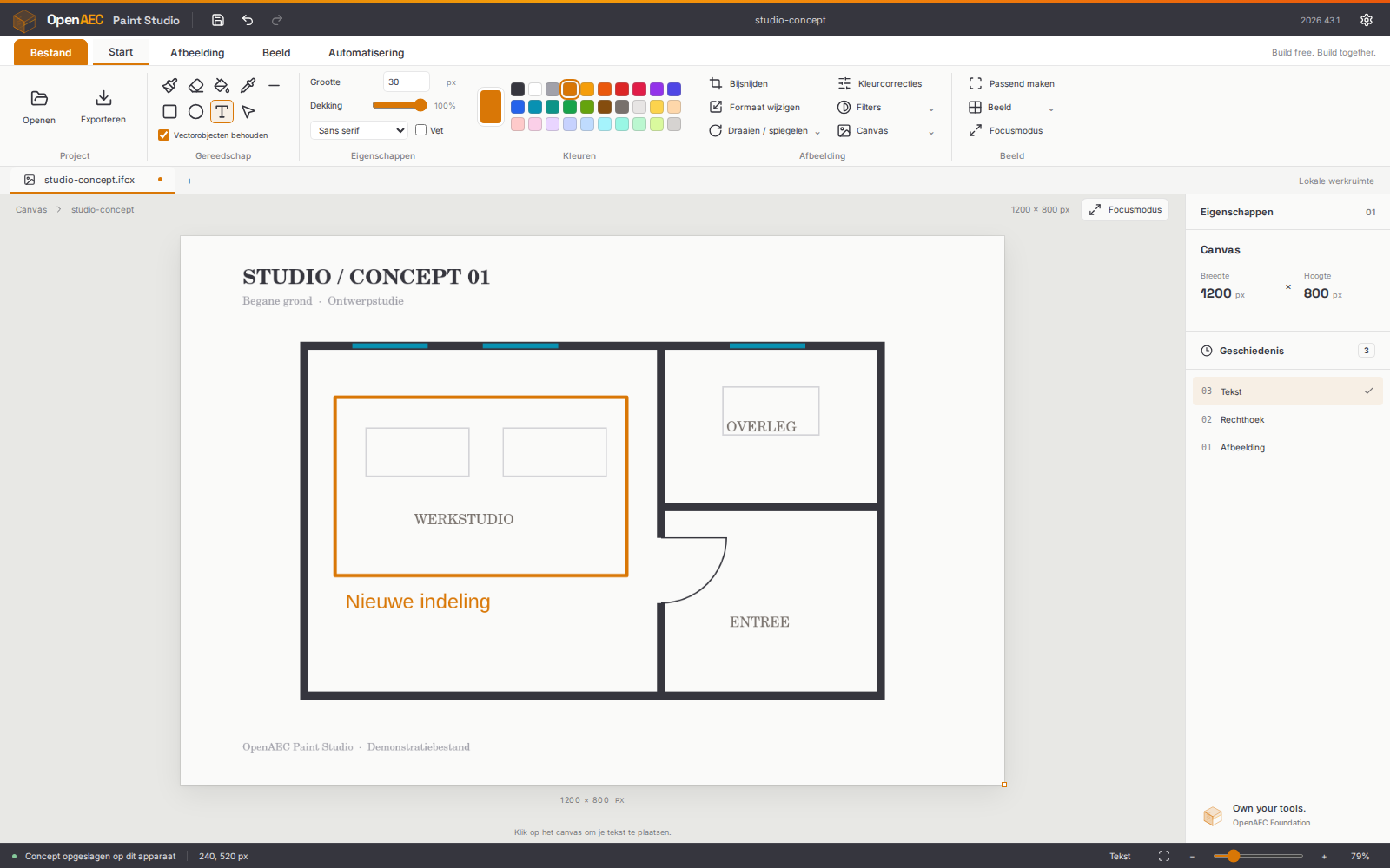 Open Paint Studio - Editor met een geannoteerde plattegrond, tekengereedschap en kleuren in het lint