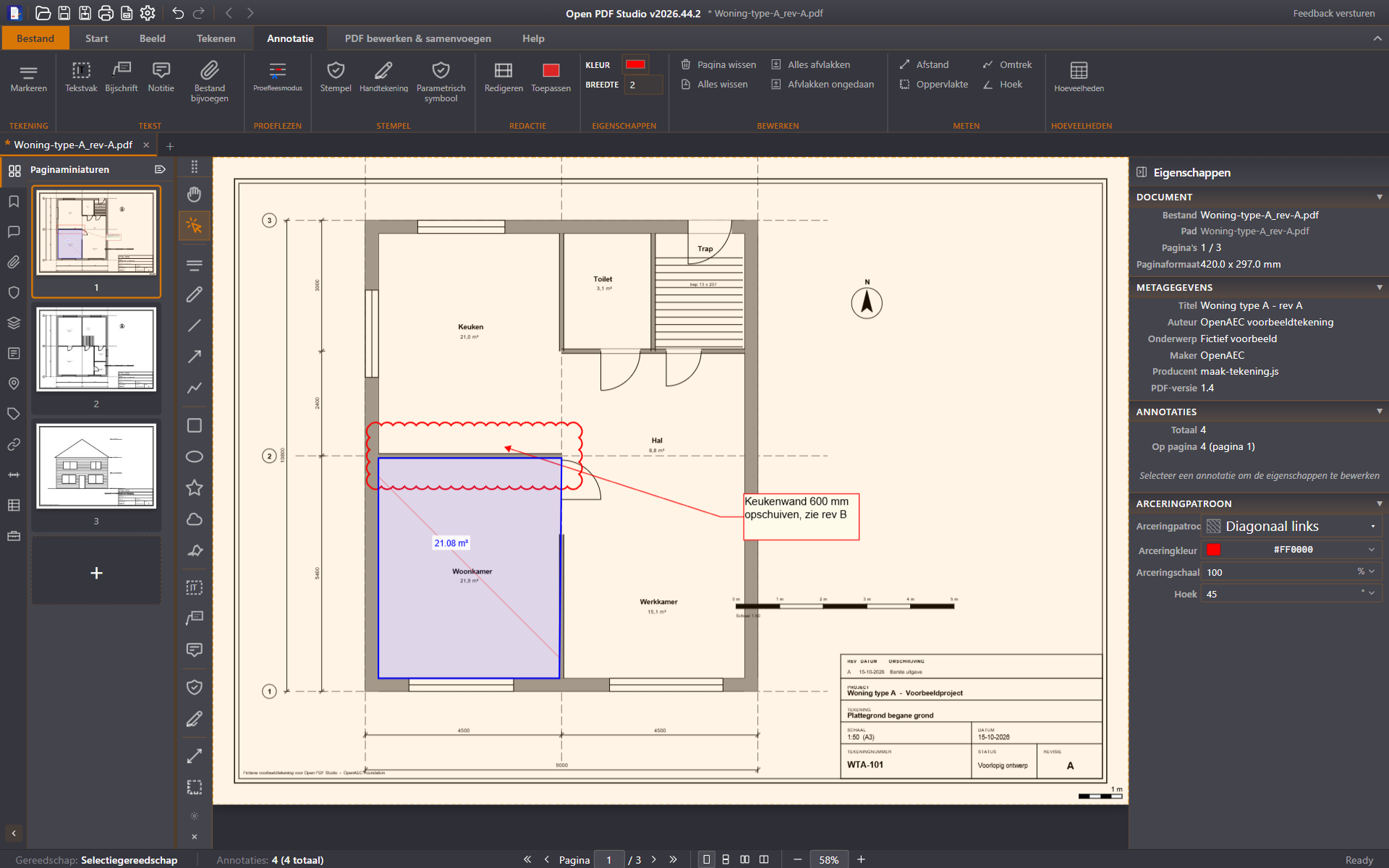 Open PDF Studio: planta de una vivienda con una nube de revisión, un globo de texto y una superficie medida de 21,08 m²