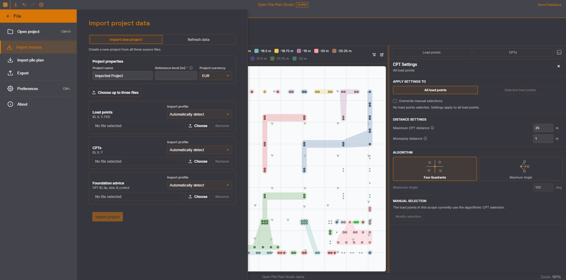 Open Pile Plan Studio — projectdata importeren met aparte bronrollen