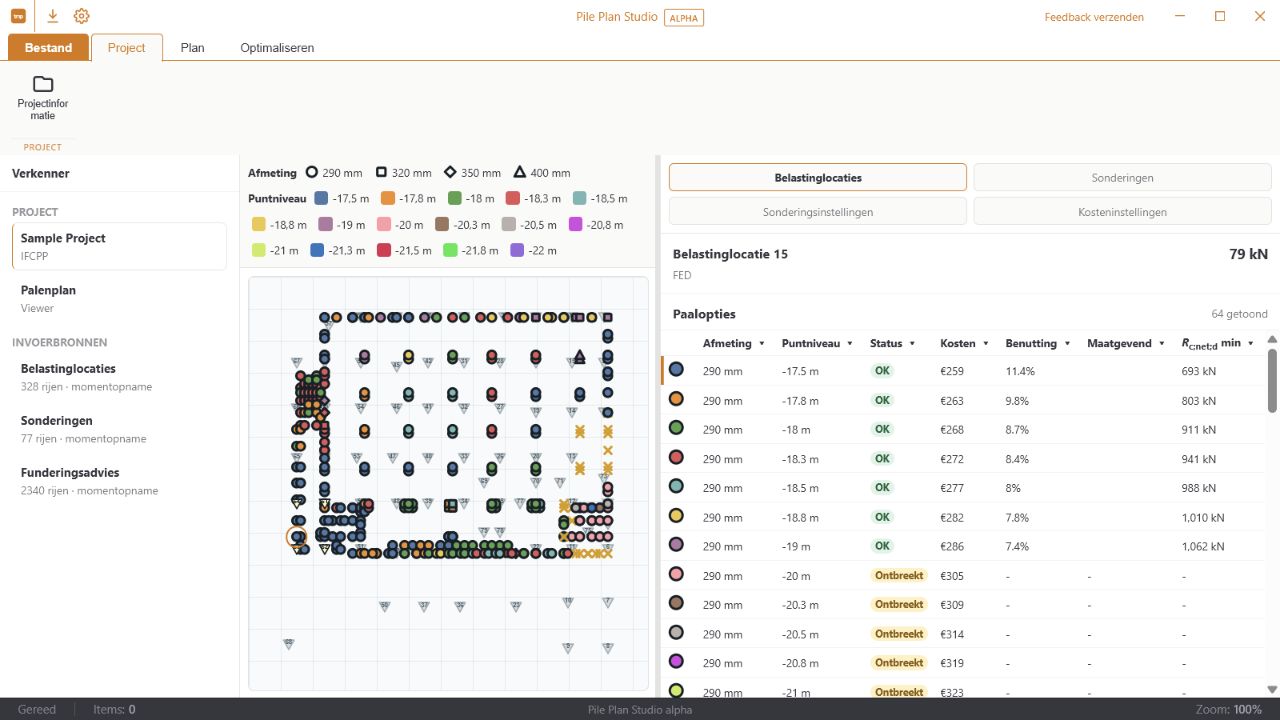 Pile Plan Studio — interactief paalplan met belastinglocaties en paalopties