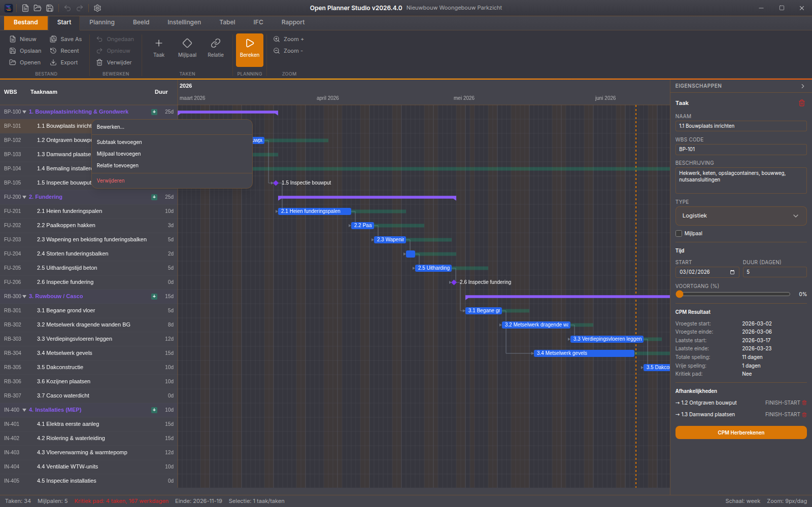 Open Planner Studio — contextmenu en bewerking