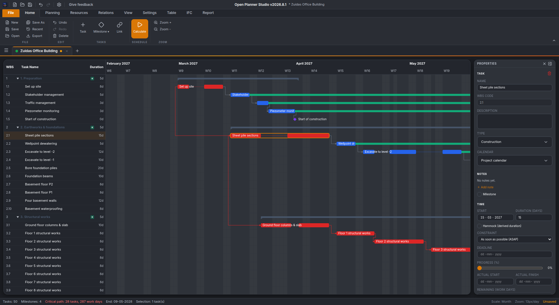 Open Planner Studio — Gantt met werkonderbrekingen als losse blokken met verbindingslijn, zoals gelezen uit een MS Project (.mpp)-bestand, met kritiek pad en eigenschappenpaneel