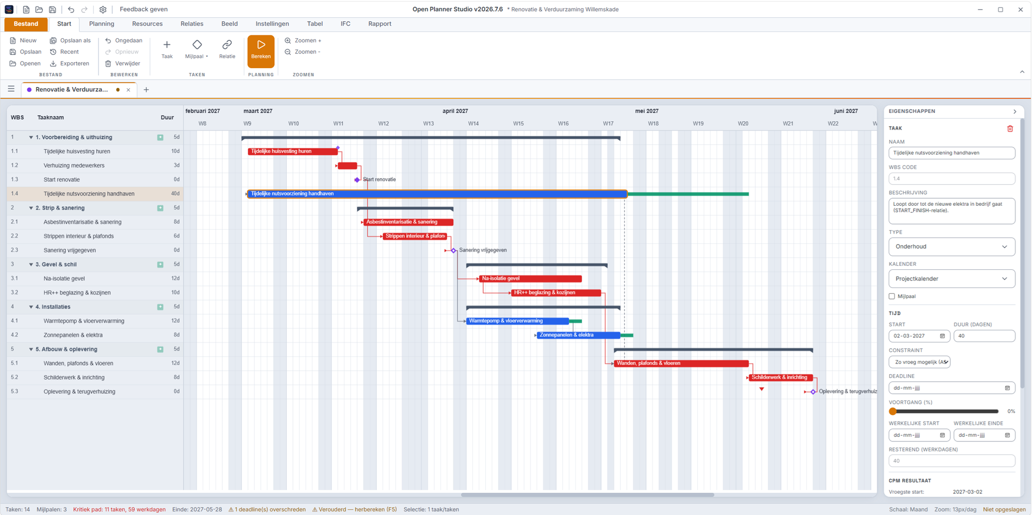 Open Planner Studio — WBS en tijdlijn met kritieke pad