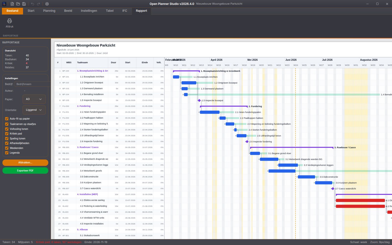 Open Planner Studio — Rapport-tab met planningoverzicht