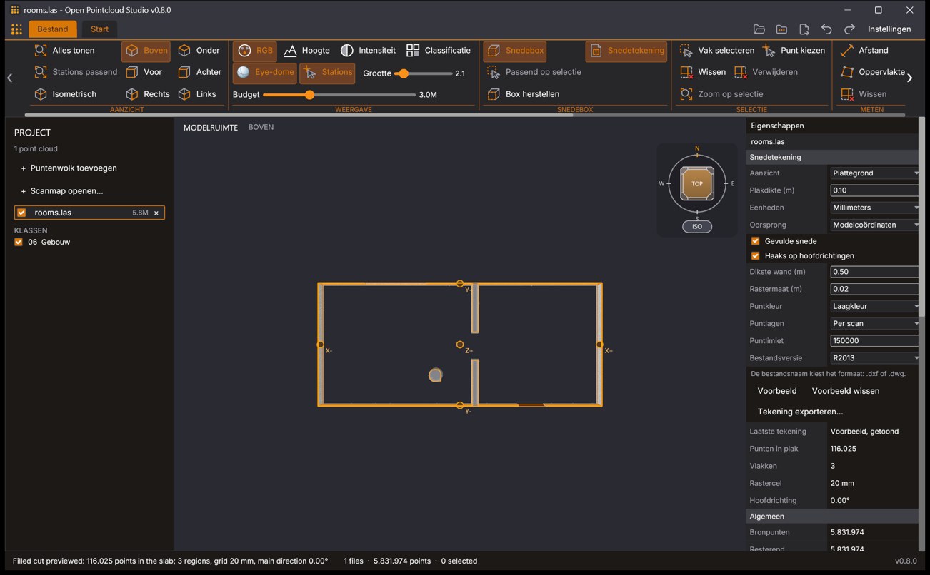 Section drawing of two generated test rooms: the plan seen from above, with the preview of the filled cut (the wall between the rooms with its door opening left open, and a round column, as filled regions) and on the right the Section drawing block (Snedetekening in the Dutch interface) in Properties