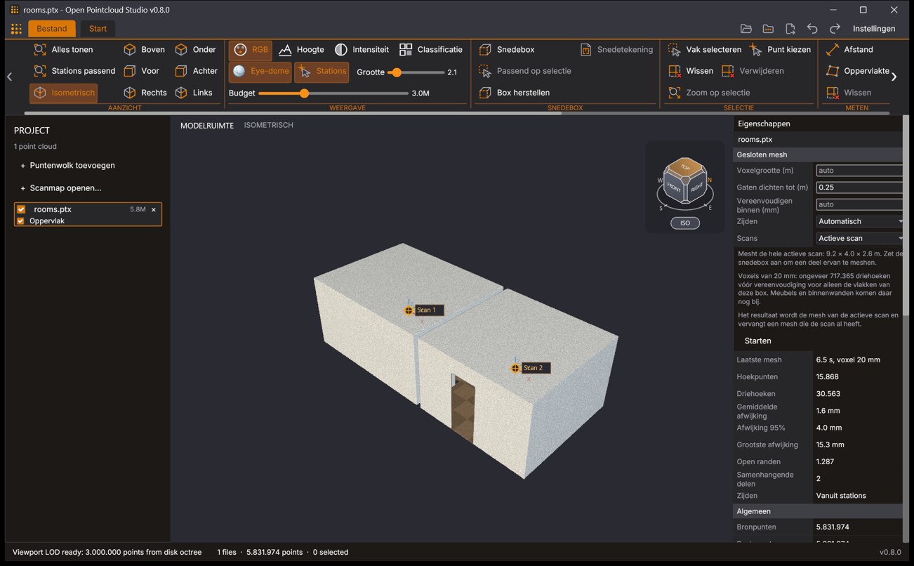 Closed mesh of the same generated test rooms: the surface of the two rooms with a door opening left open in an outer wall, and on the right the Closed mesh block (Gesloten mesh in the Dutch interface) with its result: 15,868 vertices, 30,563 triangles and a mean deviation of 1.6 mm