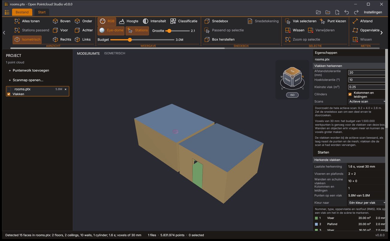 Detected faces of the same generated test rooms, each type in a colour of its own (ceilings blue, walls sand), and on the right the Detect faces block (Vlakken herkennen in the Dutch interface) with its counts: 2 floors, 2 ceilings, 10 walls and 1 column