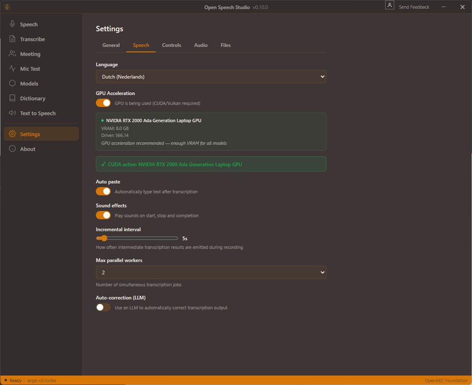 Open Speech Studio — instellingen met GPU-versnelling