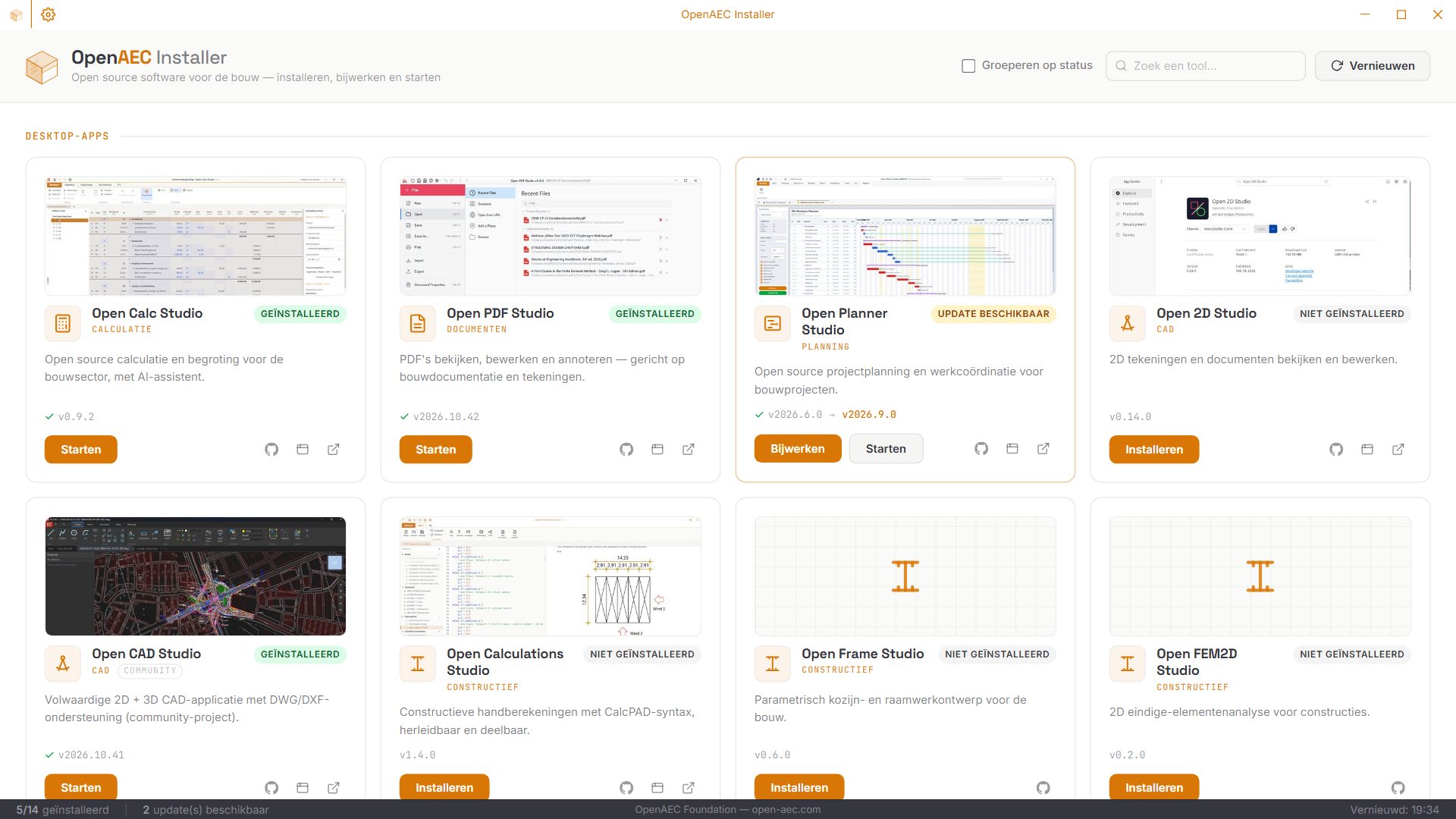 OpenAEC Installer - Overzicht van alle tools met status en versie