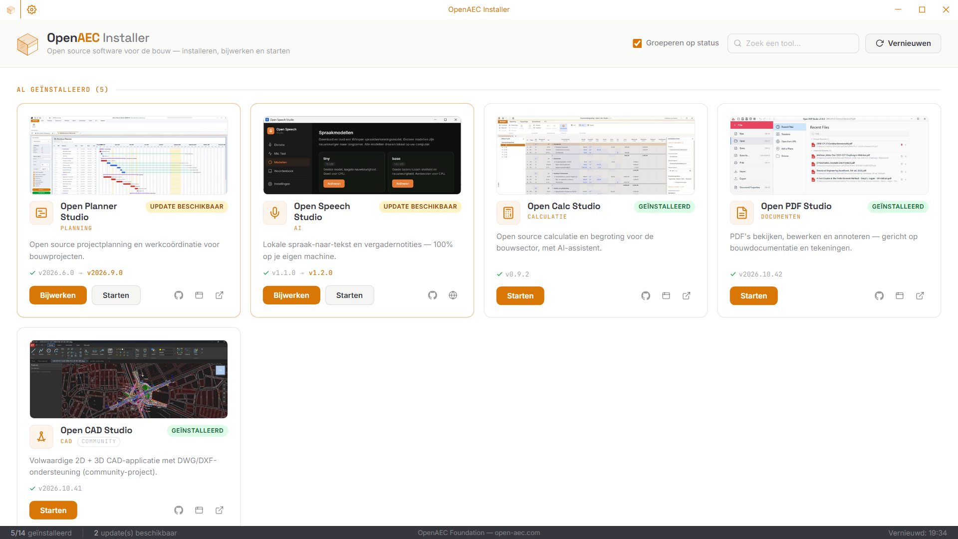 OpenAEC Installer - Gegroepeerd op status: geïnstalleerd en update beschikbaar