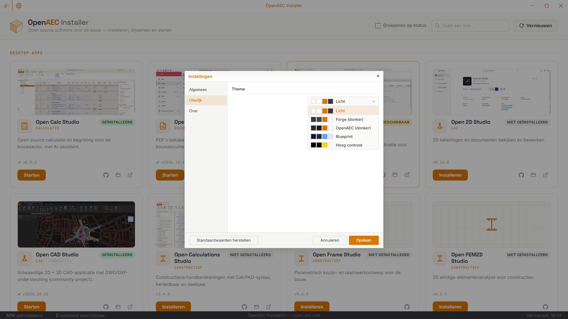OpenAEC Installer - Instellingen met vijf thema’s