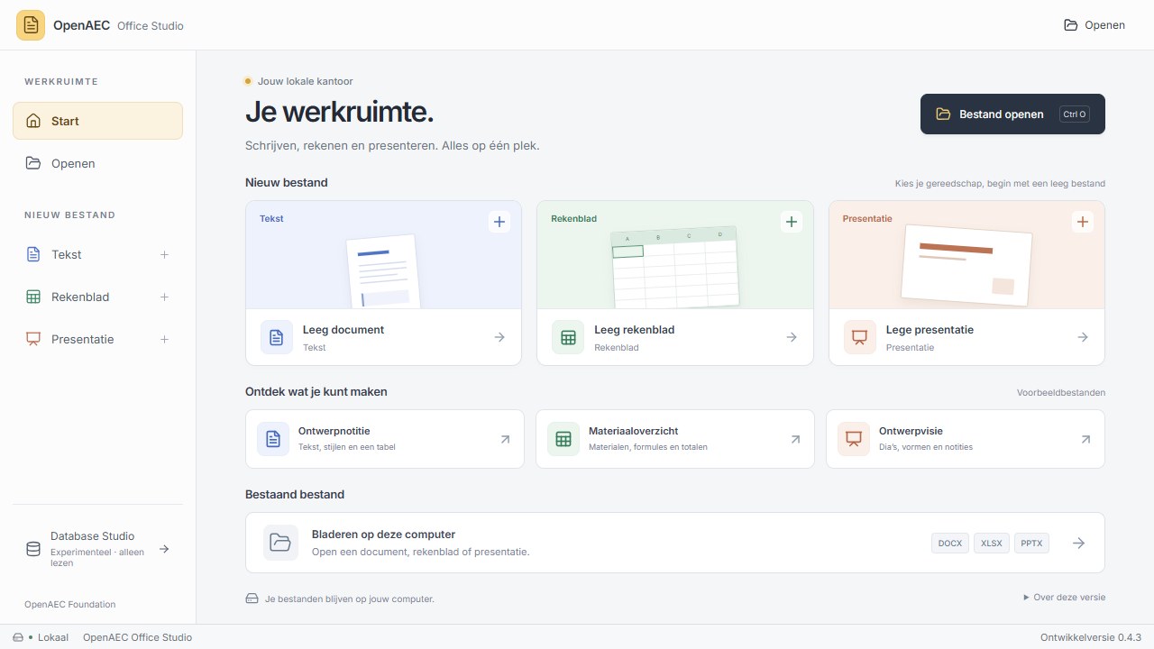 OpenAEC Office Studio: werkruimte met Tekst, Rekenblad en Presentatie