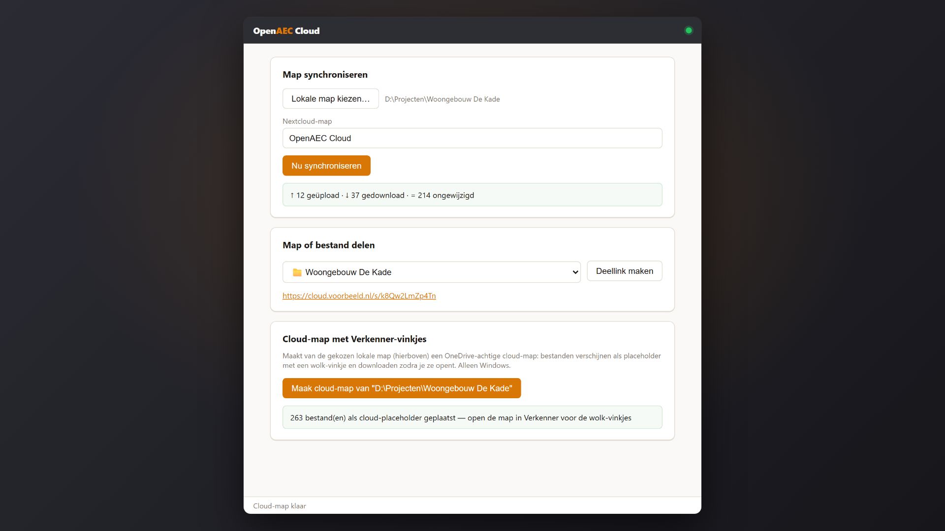 OpenAEC Cloud desktop - synchroniseren, delen en cloud-map