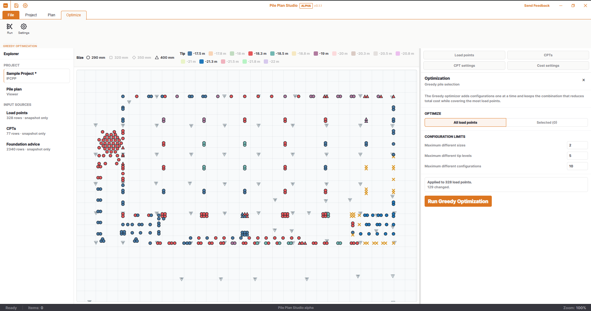 Pile Plan Studio - greedy optimalisatie van het paalplan met configuratielimieten