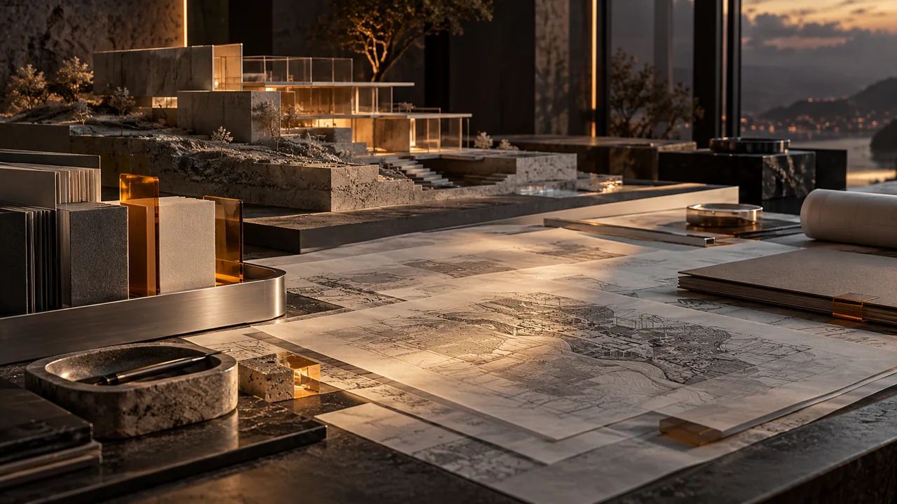 Architectenwerkplek met een maquette, tekeningen en projectmappen.